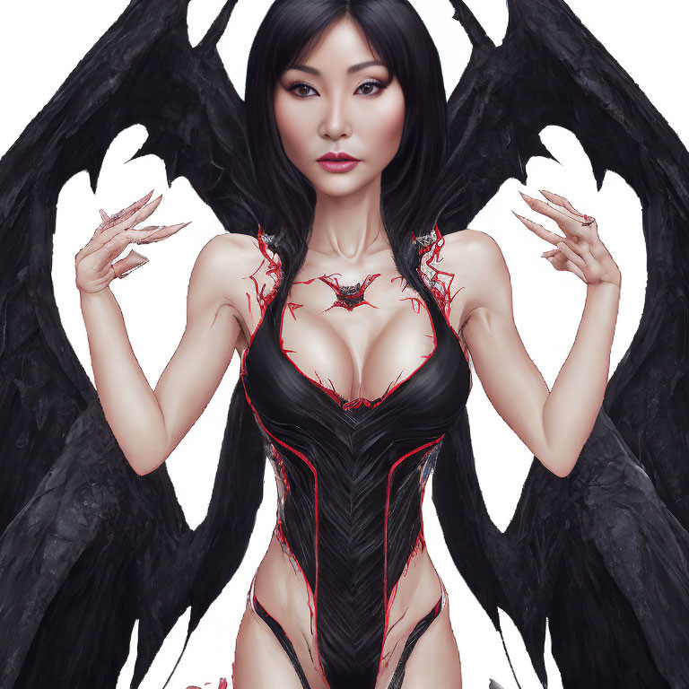 Dark Angel Wings Female Character in Black and Red Bodysuit