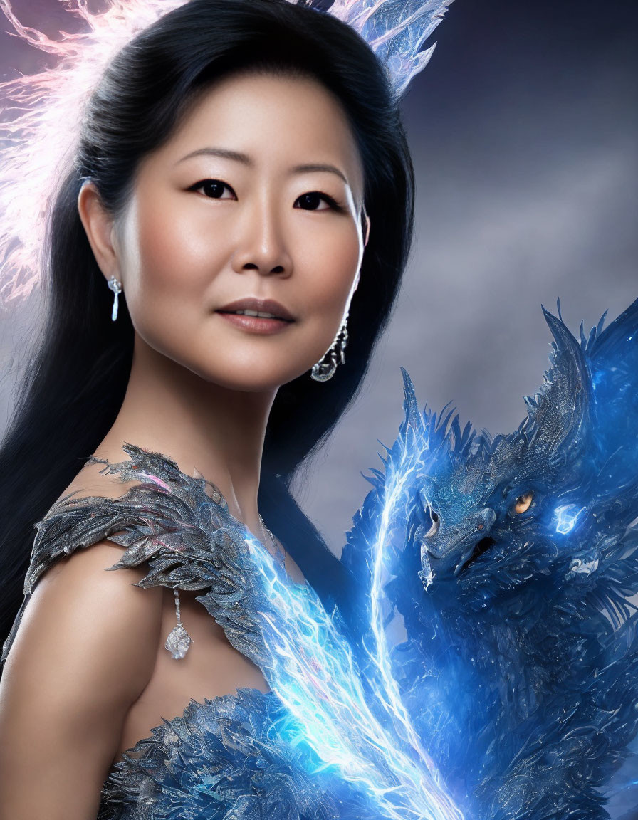 Elegant woman with blue ice dragon in mystical scene