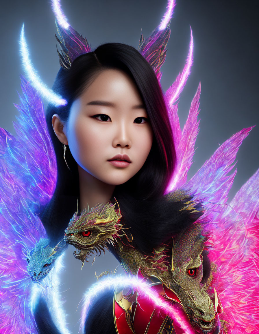 Ethereal woman surrounded by neon-colored dragons in mystical scene