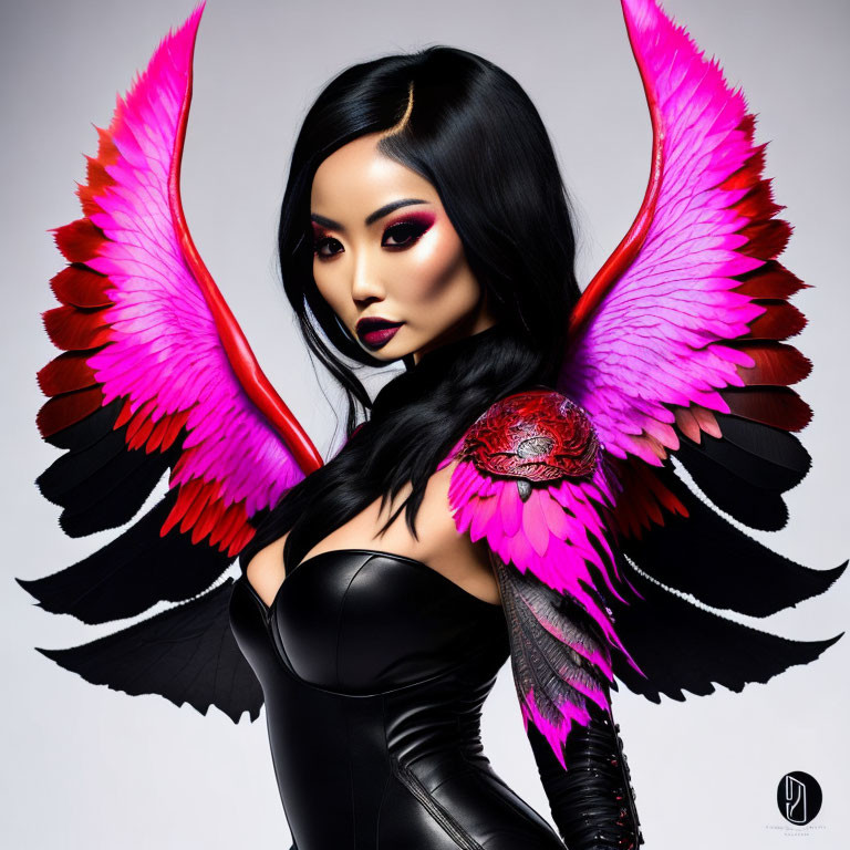 Dark-haired woman in black bodysuit with pink and black wings.