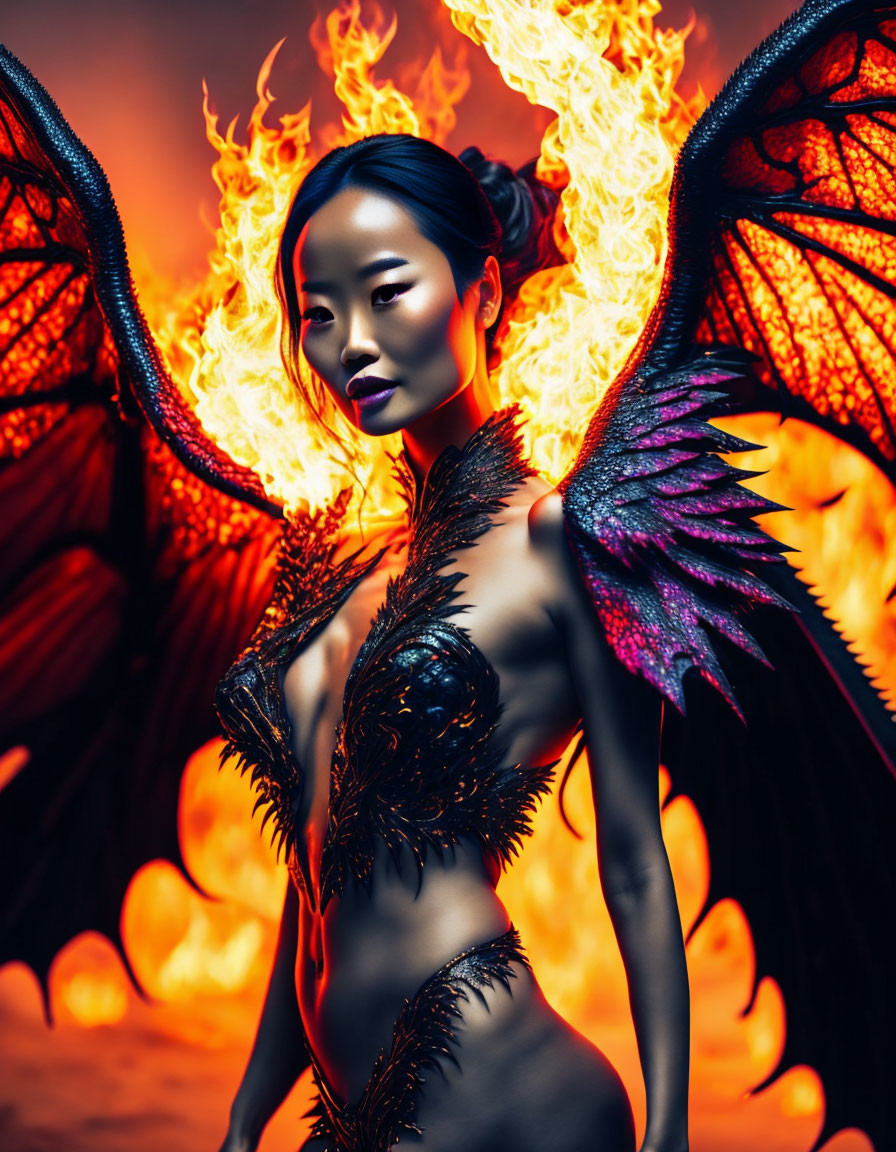 Woman with dramatic dark makeup and flaming wings in fiery backdrop portrays phoenix-like creature