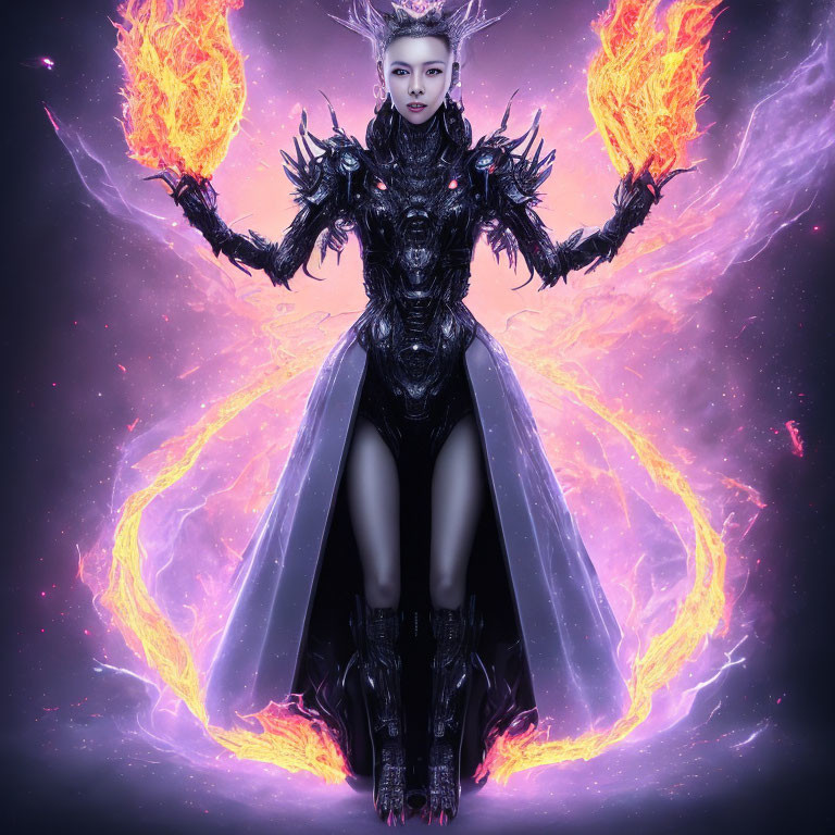 Symmetrical dark fantasy armor person with flames on cosmic purple background