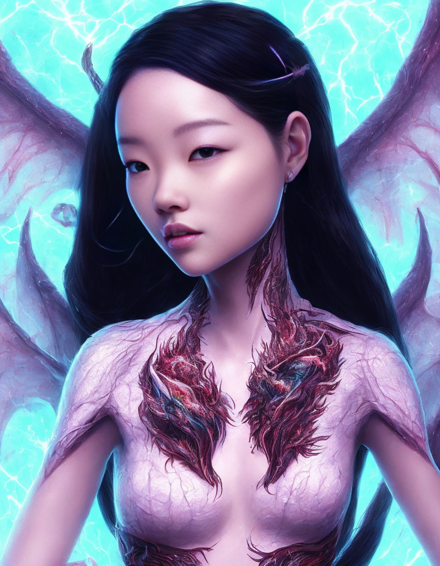 Ethereal woman with intricate branch-like body markings on glowing blue background