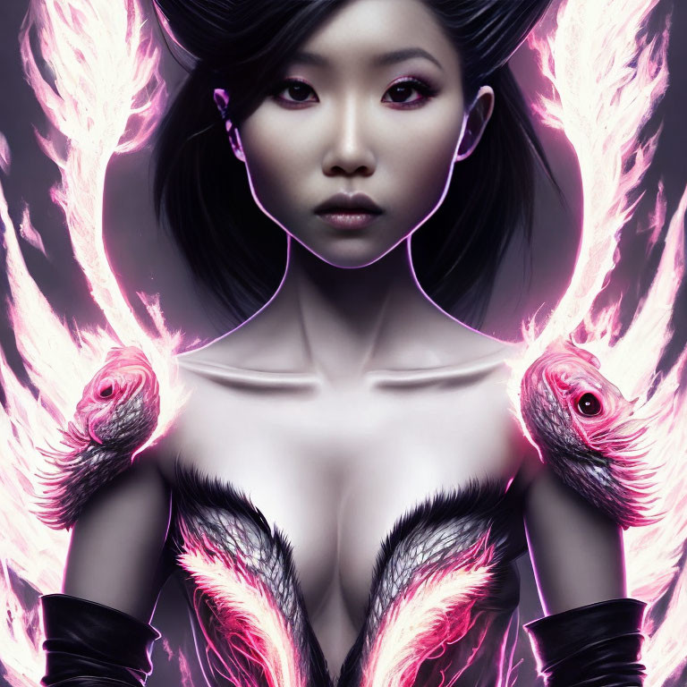 Woman with pink wings surrounded by flames exudes power