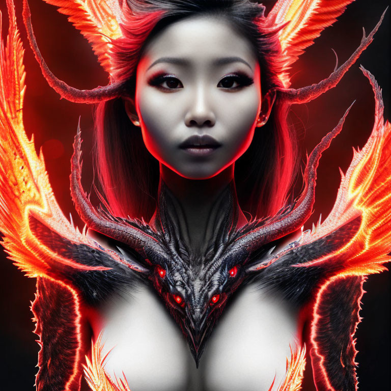 Portrait of Woman with Elaborate Phoenix-Themed Design