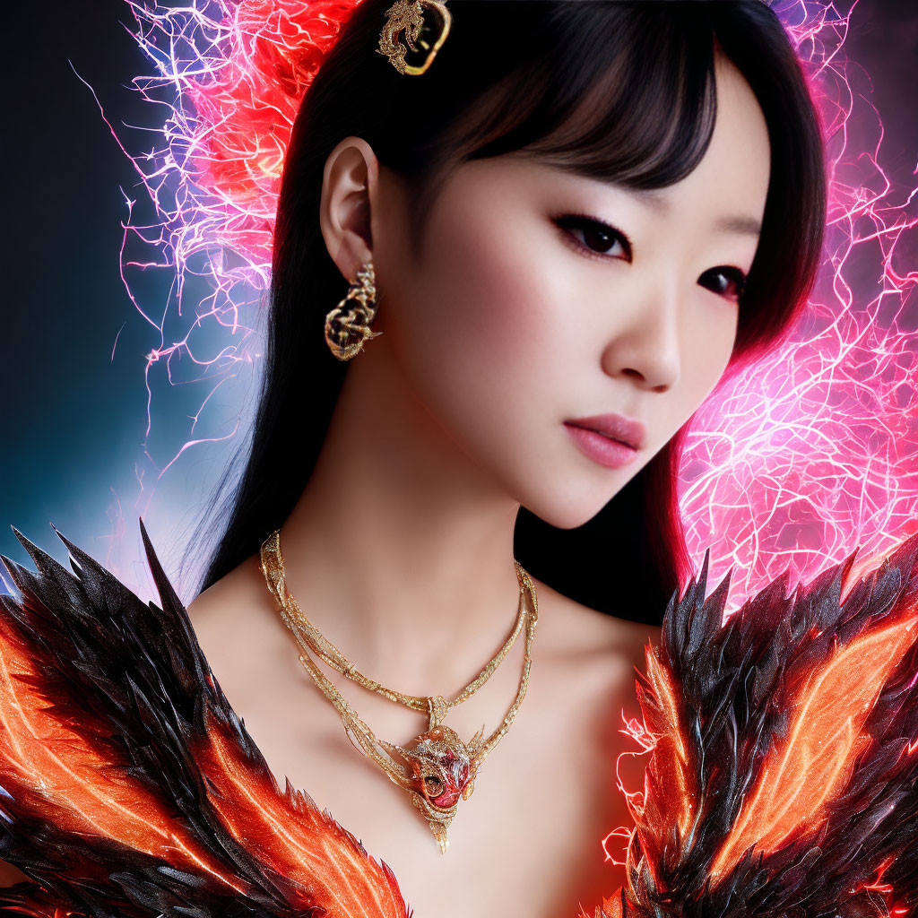 Woman in Red Feathered Outfit with Black Hair and Gold Jewelry on Red and Blue Background