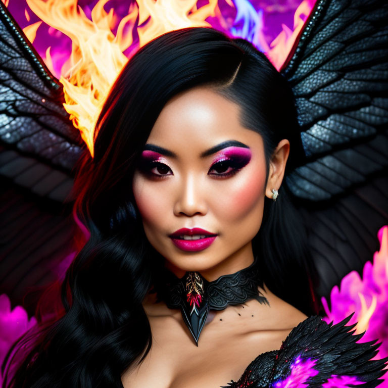 Dark-haired woman with fiery wings and makeup in vibrant flames.