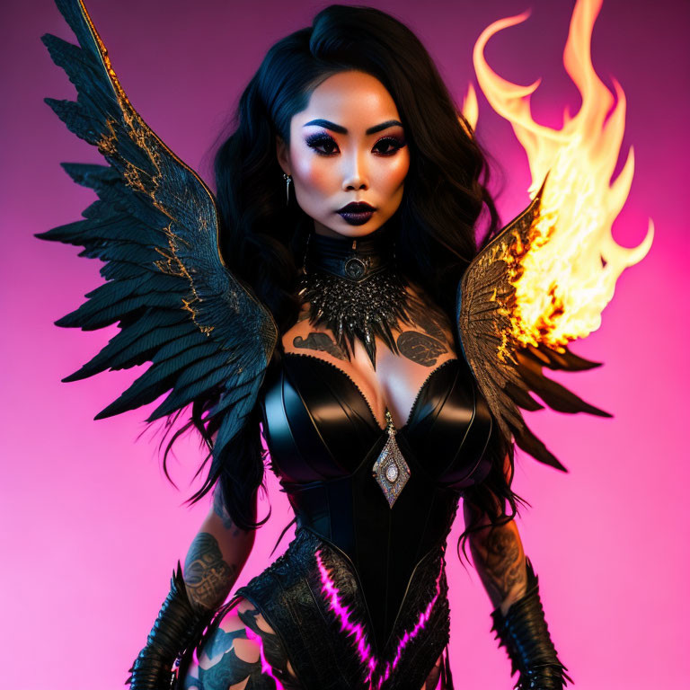 Woman with dramatic makeup and tattoos, dark angel wings, flame, pink and purple backdrop