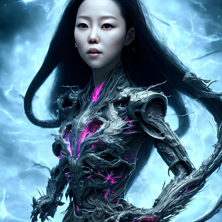 Woman in otherworldly armor with neon pink accents against swirling blue backdrop