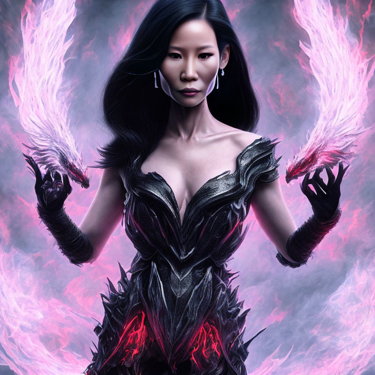 Fantasy woman in glowing, dark armored dress with pink magical energy.