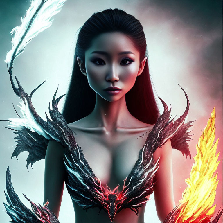 Digital artwork: Woman with Asian features, glowing wings, and flame embodies fantasy aura