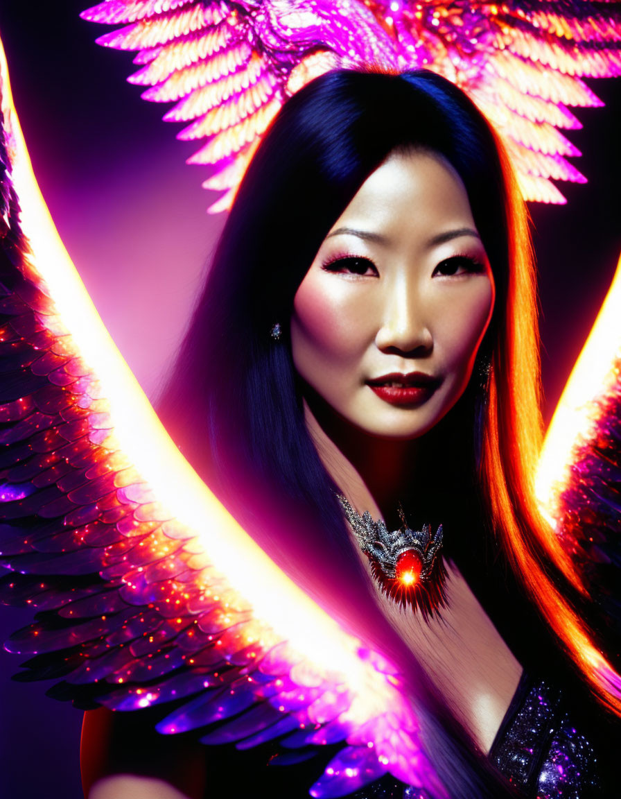 Asian woman with neon wings and heart-shaped jewel dress