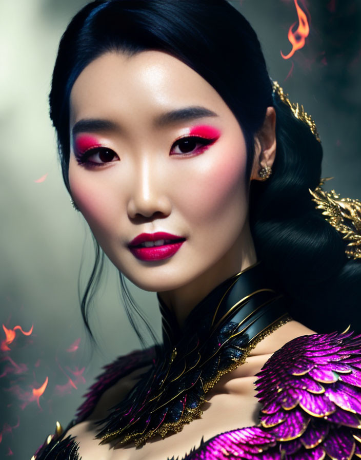 Asian woman with pink makeup and mystical shoulder armor in fiery setting