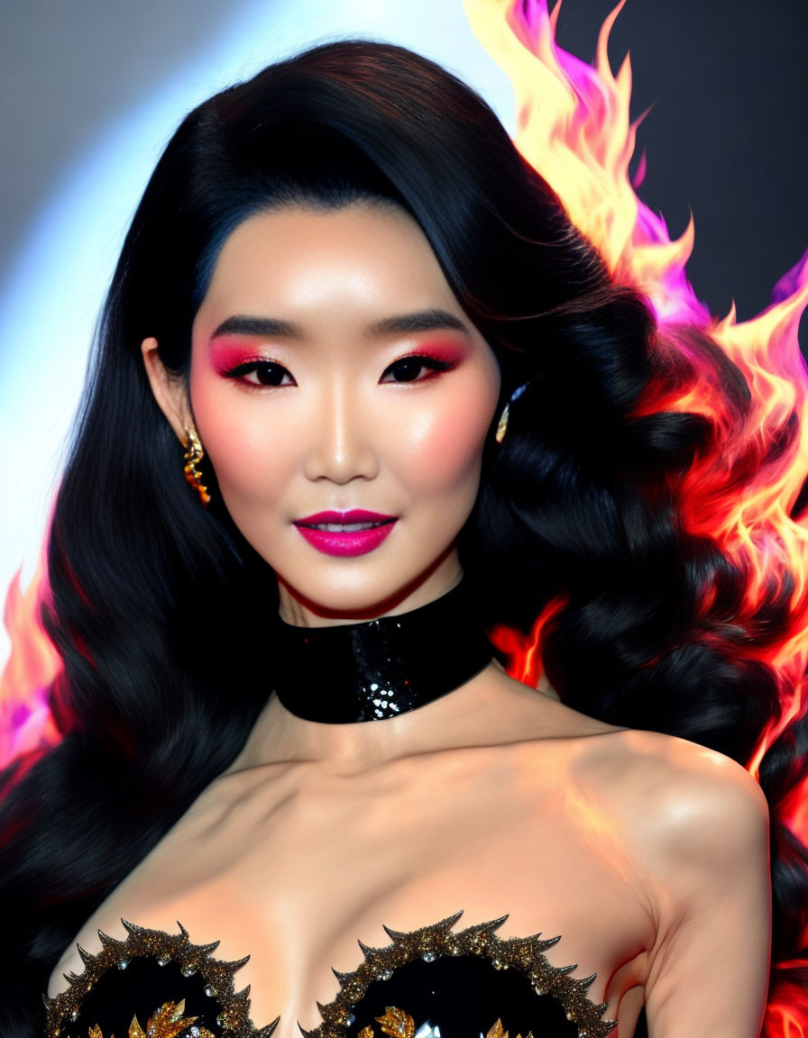 Styled woman with bold makeup in front of fiery flames