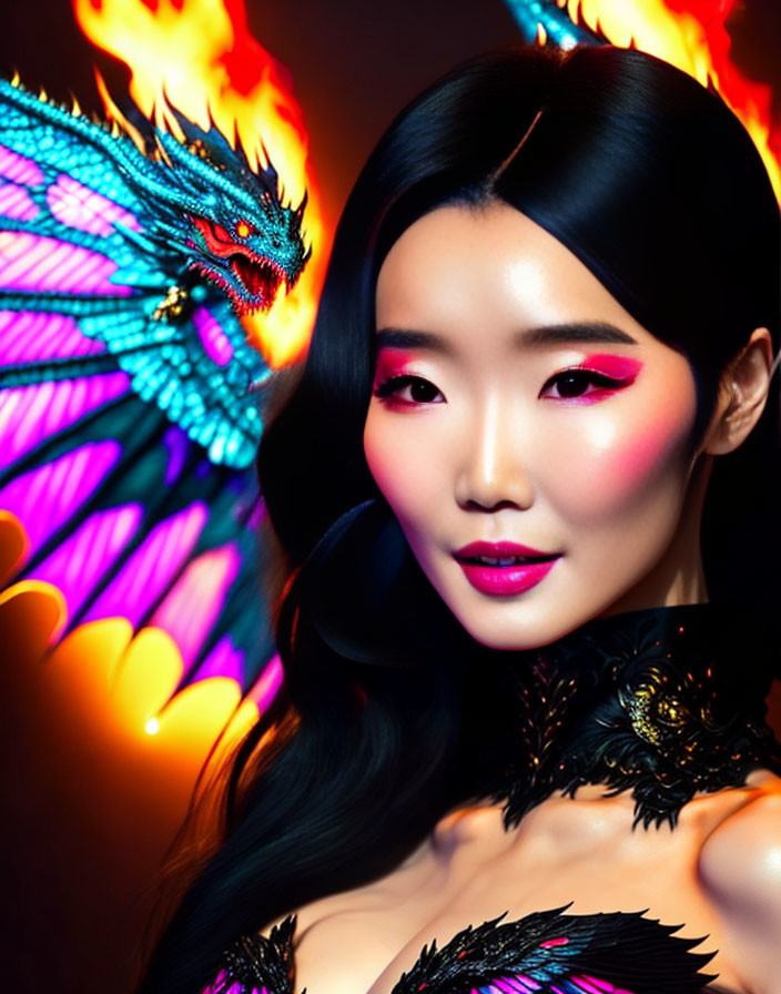 Woman with Glowing Skin in Dragon and Feathers Backdrop