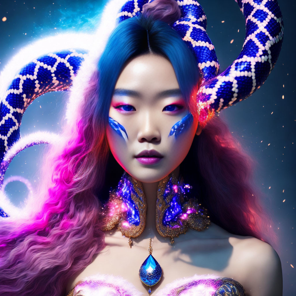 Colorful Woman with Blue & Purple Hair, Cosmic Background & Snake Accessories