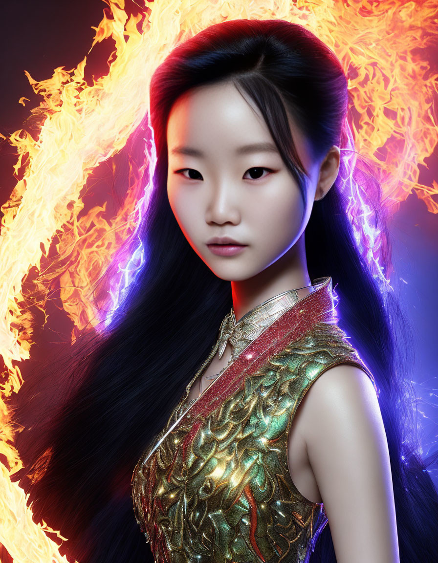 Intense gaze of young girl with flowing black hair and fiery visual effects in background