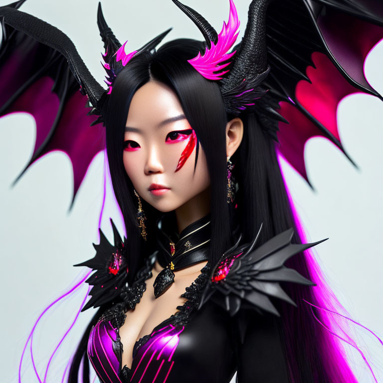 Digital art portrait of woman with dark horns, pink wings, and vibrant attire.