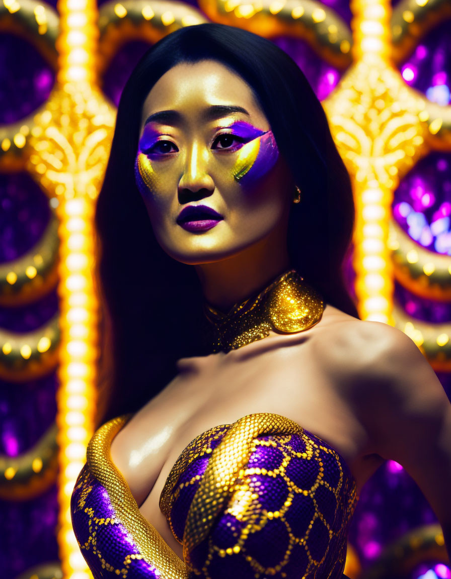 Colorful Woman in Yellow and Purple Makeup with Snake-Patterned Attire