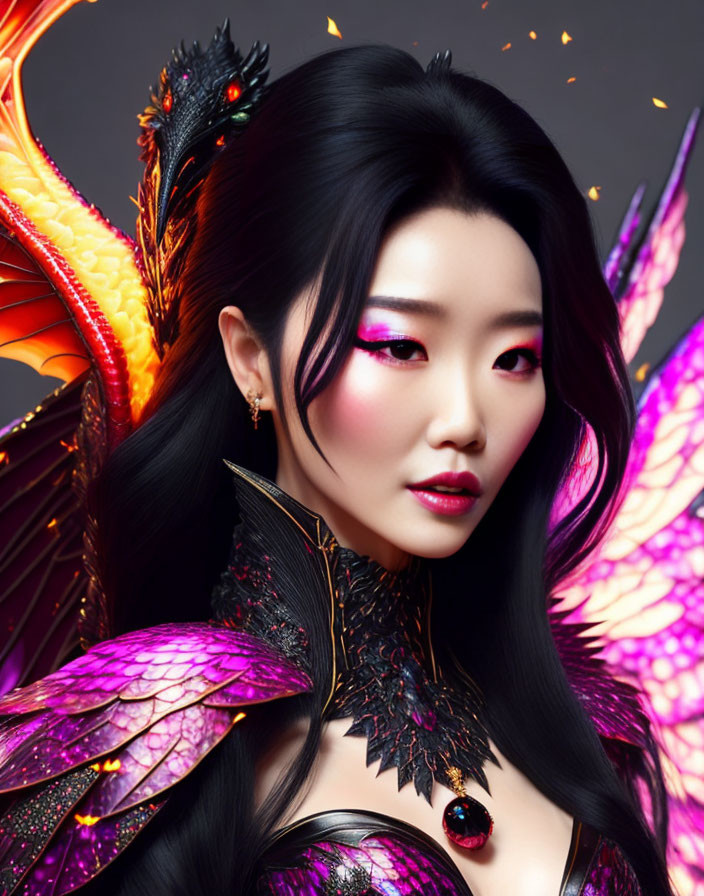 Digital artwork: Woman in pink eye makeup, black hair, dragon armor, winged creature