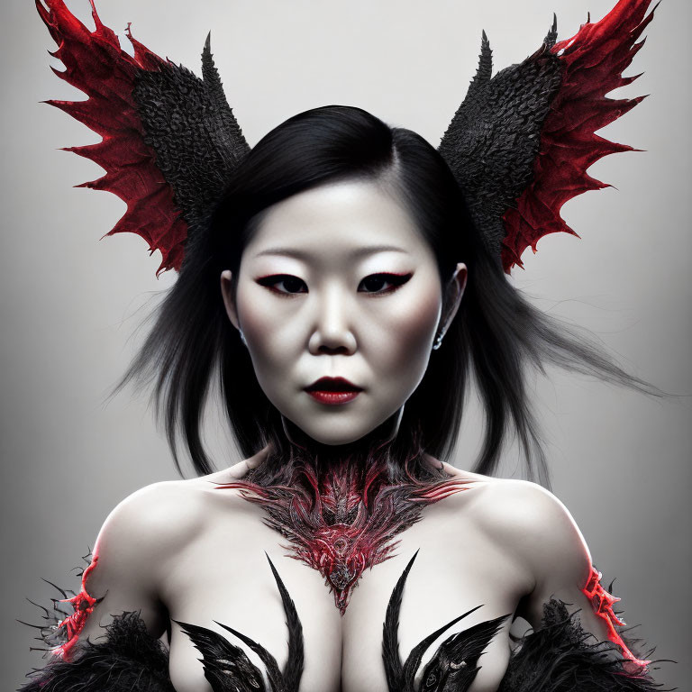 Woman with Red and Black Makeup and Feathery Wings Portrait