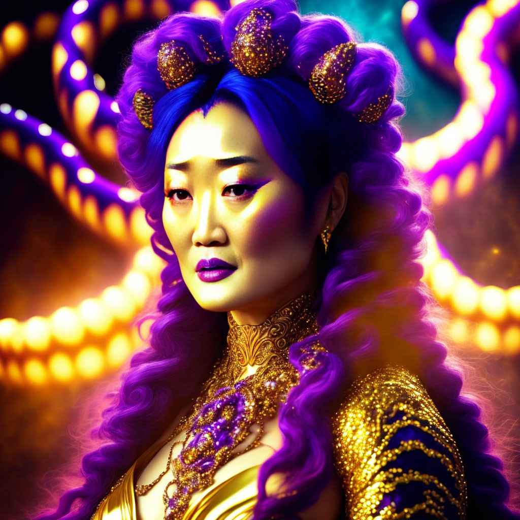 Purple-haired woman in golden attire against ornate backdrop with glowing tentacles