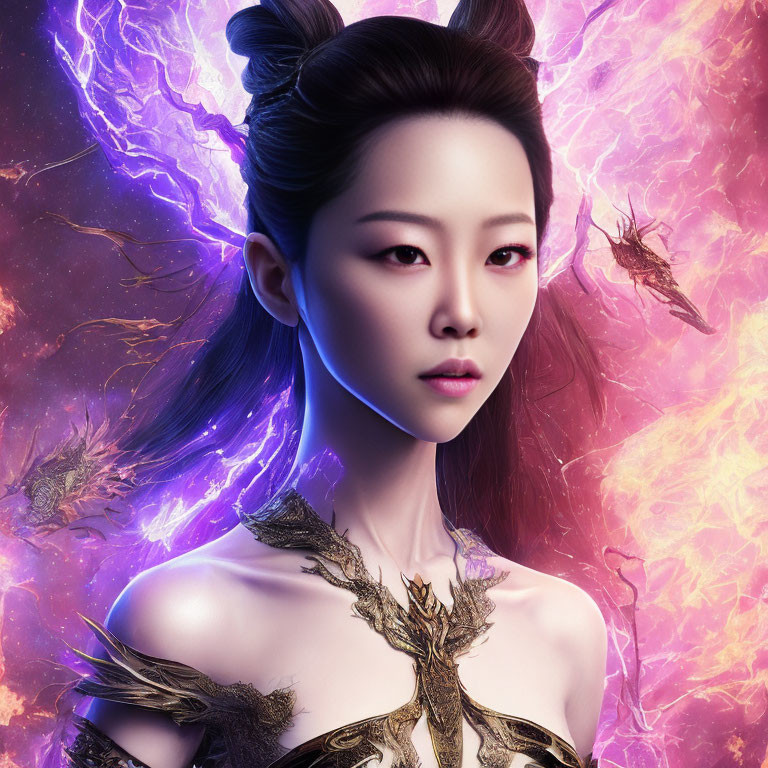 Ethereal portrait of woman with stylized hair and mystical elements