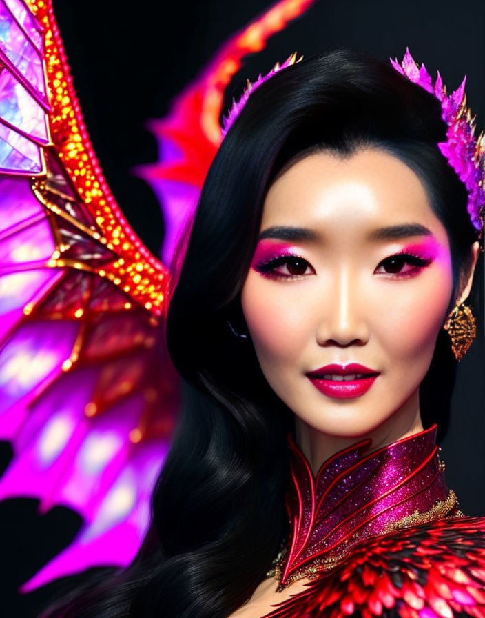 Woman in vibrant pink makeup and dragon-like wings on dark background