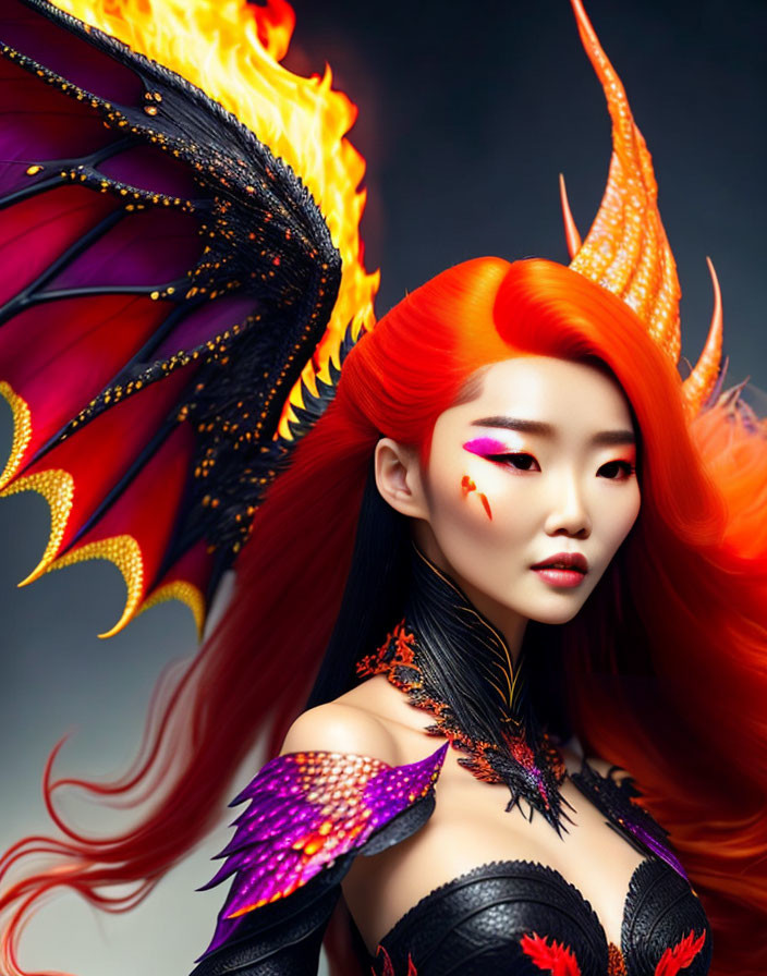 Vibrant red hair woman with fiery wings and intricate designs