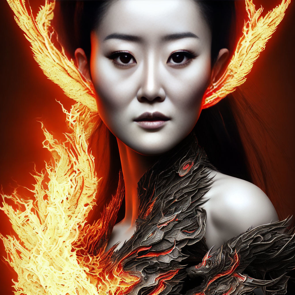 Woman with subtle makeup surrounded by fiery phoenix wings in mystical scene