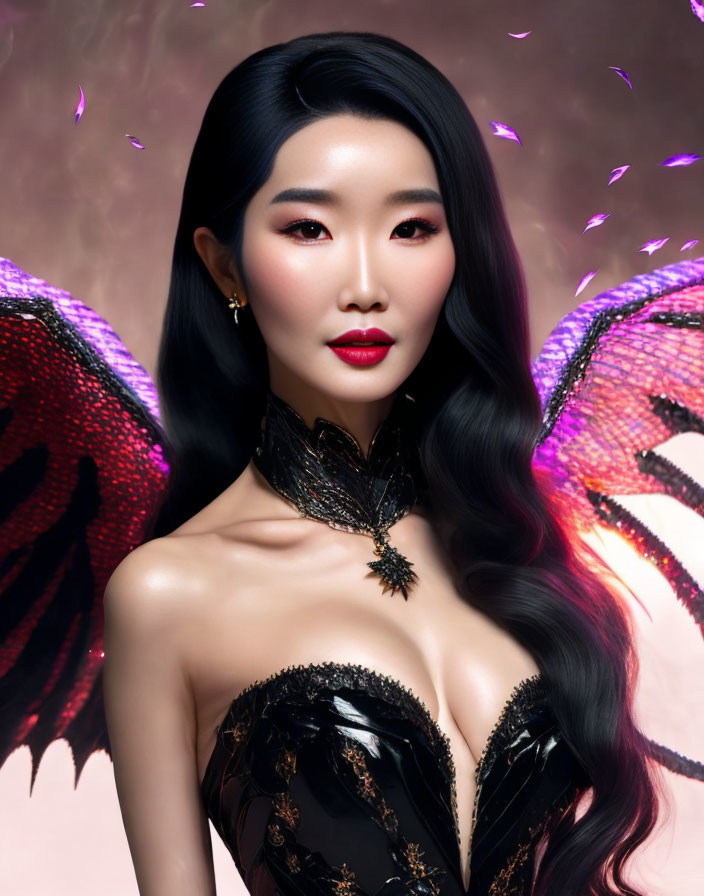 Woman with red lipstick and butterfly wings on pink background.