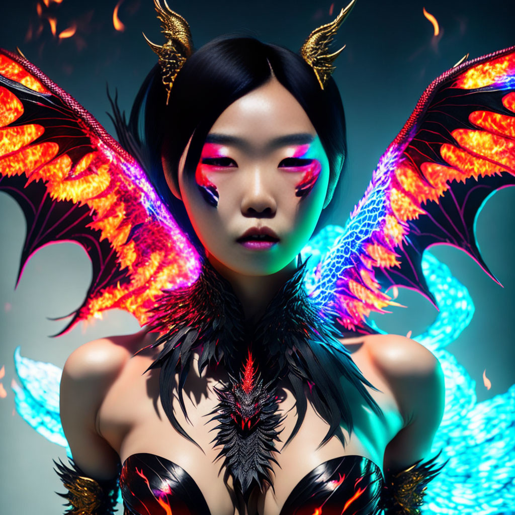 Vibrant dragon-themed makeup and costume with fiery wings and horns on cool-toned backdrop