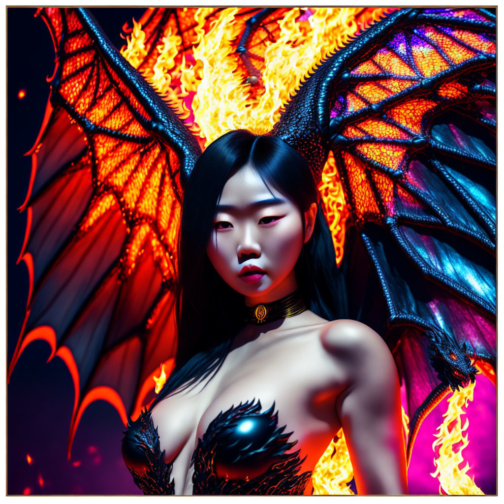 Dark angel woman with flaming wings in fantasy image