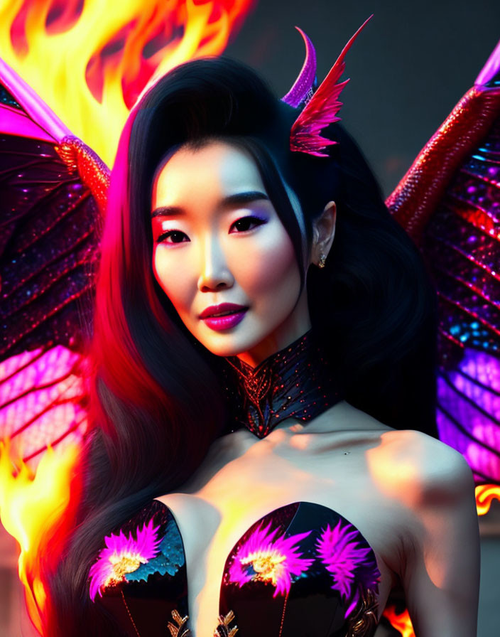 Fantasy portrait of a woman with dragon-like wings and colorful costume