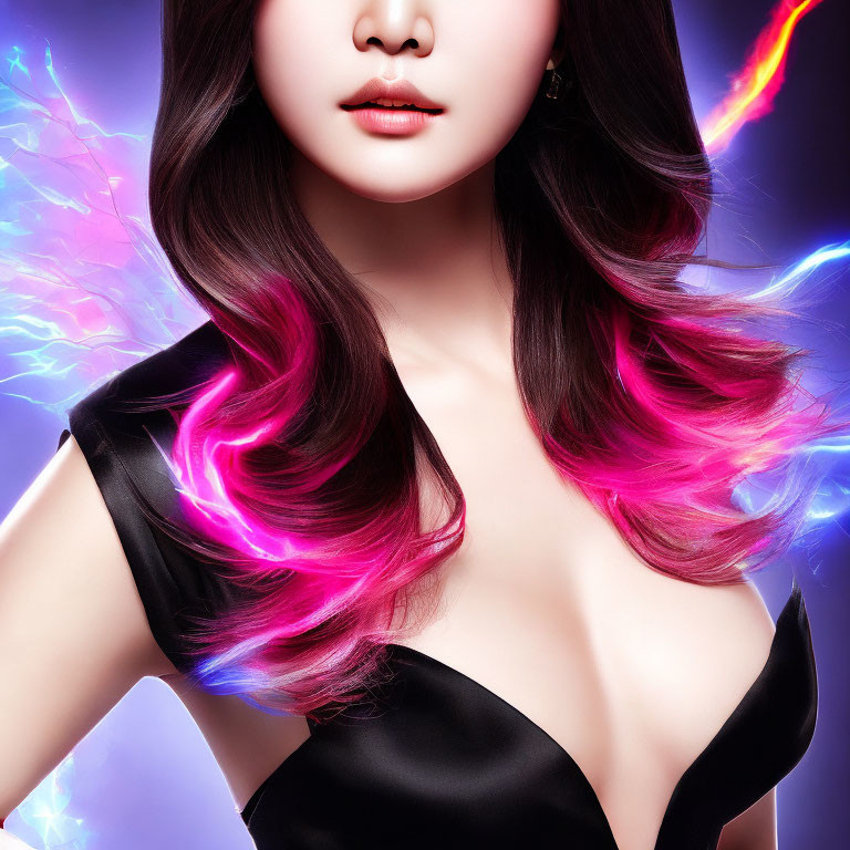 Vibrant neon streaks on woman's flowing hair against purple background