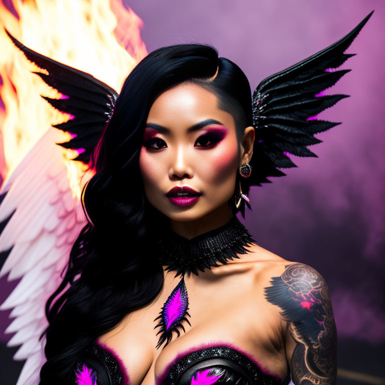 Woman with dramatic makeup, black angel wings, tattoos, and fantasy attire against fiery backdrop