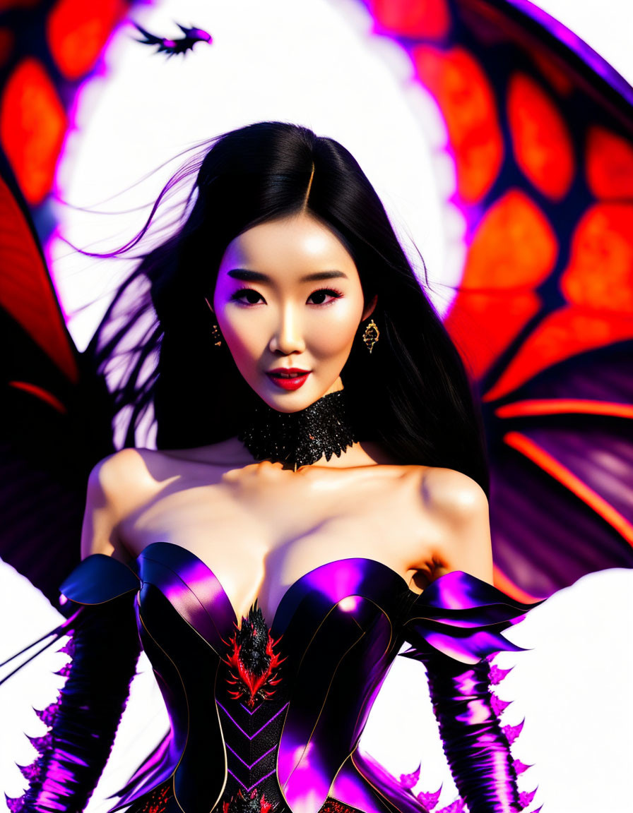 Dark-haired woman in black and purple bodysuit with wing-like extensions on vibrant abstract backdrop