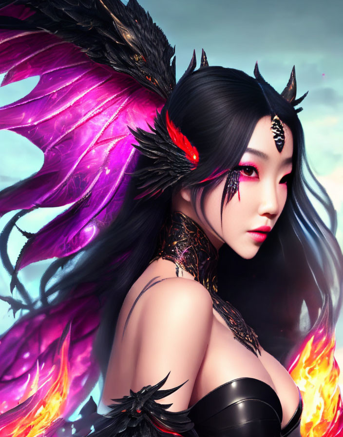 Fantasy digital artwork of a woman with red eyes, black hair, fiery wings, and ornate