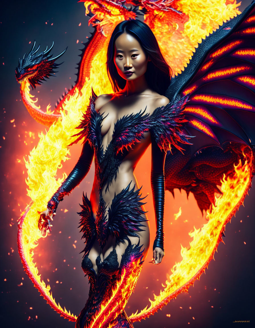 Fantasy-themed woman with dragon in fiery setting