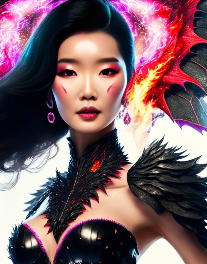 Vibrant makeup and phoenix wing featured in woman's stylized portrait