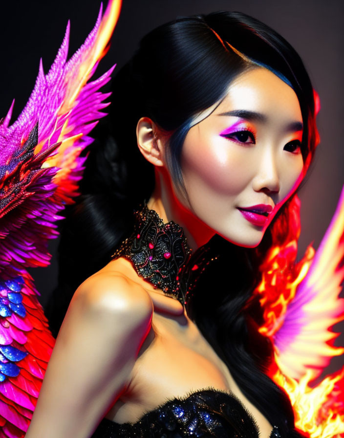 Portrait of Woman with Pink Eye Makeup and Feathered Wings