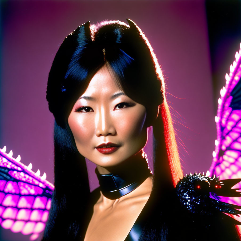 Asian woman with choker and butterfly wings under warm light on purple background