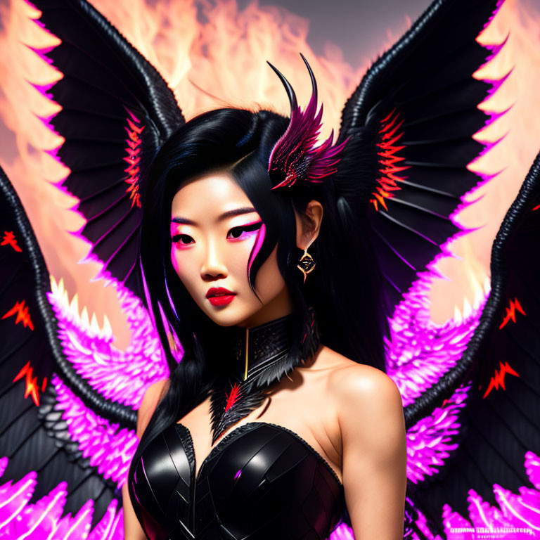 Digital Art Portrait: Woman with Dark Angelic Wings and Neon Pink Highlights