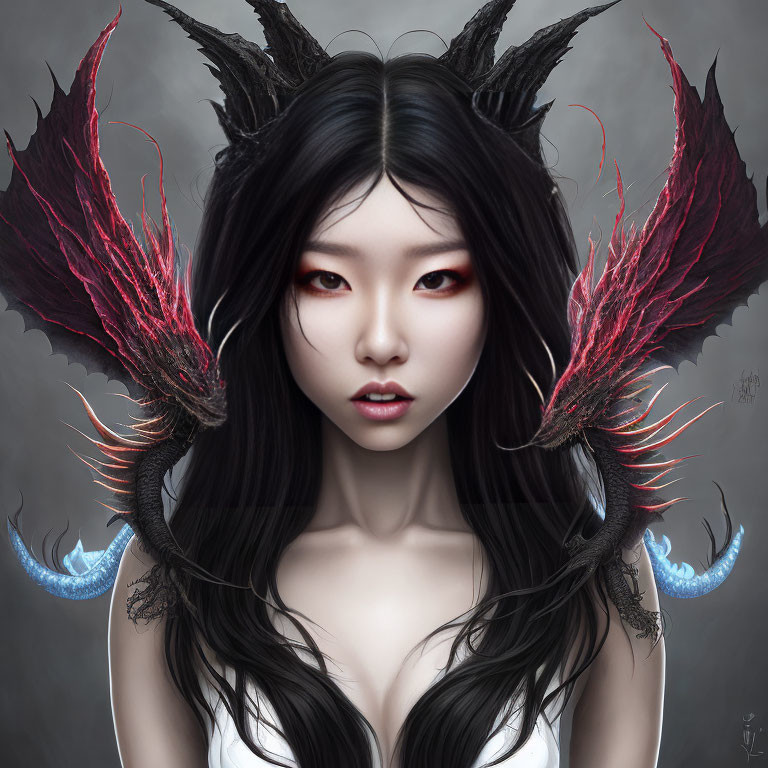 Fantasy portrait of a woman with pale skin, red eyes, black hair, large dark horns with