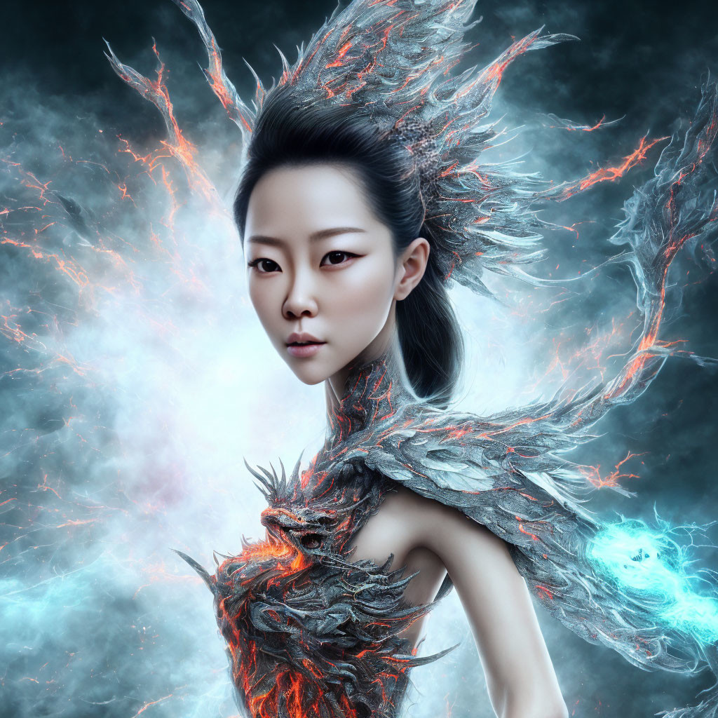 Fiery and electrified woman in mystical digital art