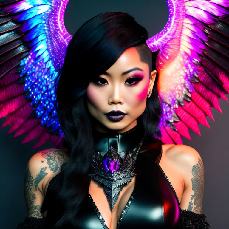 Woman with bold makeup, tattoos, illuminated wings, and futuristic attire with purple gem