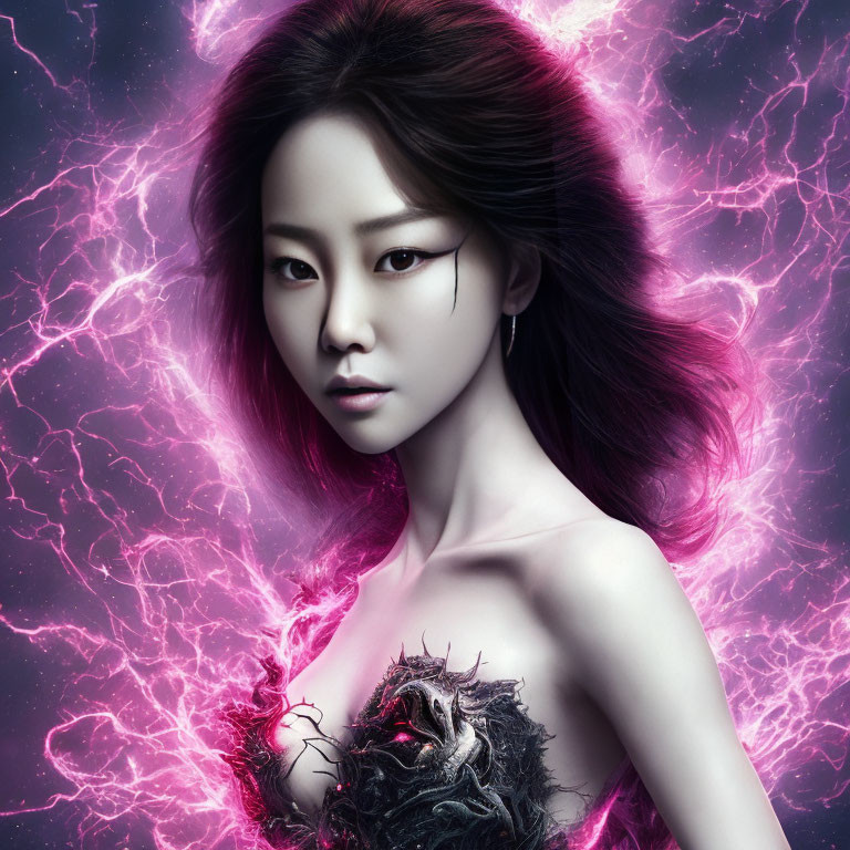 Ethereal makeup woman in dark feather-like attire with purple lightning