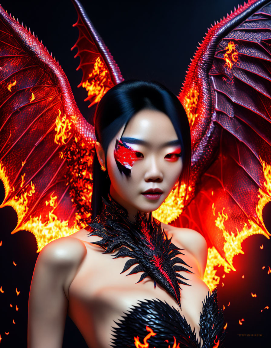 Fantasy creature makeup with dramatic winged design