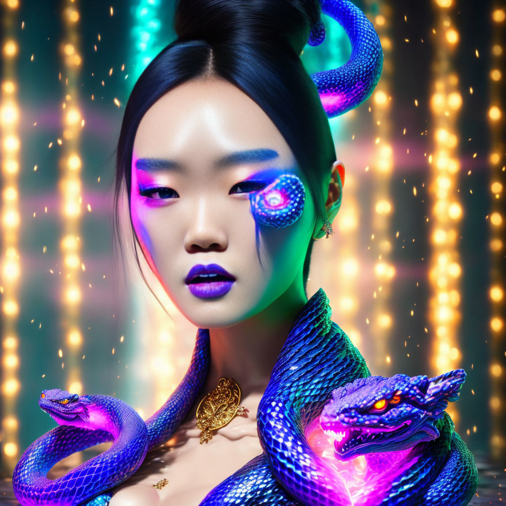 Digitally Enhanced Portrait of Asian Woman with Blue Serpents on Sparkling Light Backdrop