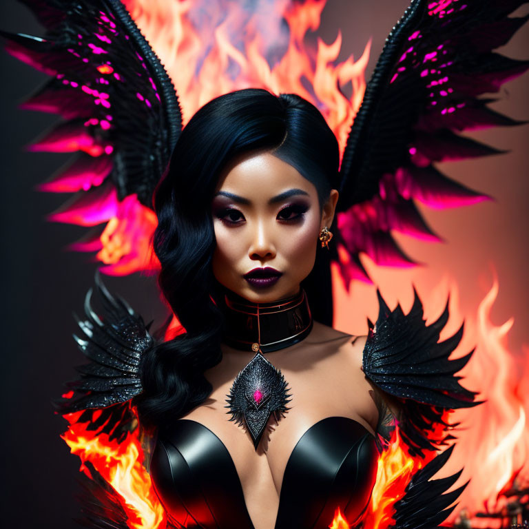 Dark-haired woman with striking makeup and black angel wings before flaming wings exudes mystical empowerment.